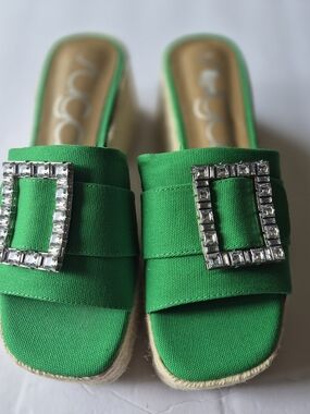 Sugar Green Embellished Slide Mules with Crystal Buckle